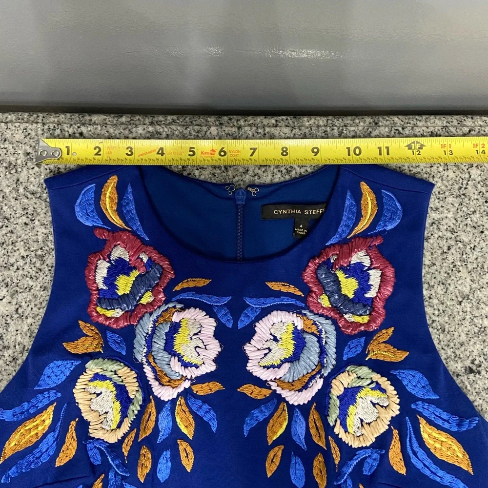 CYNTHIA STEFFE-Womens Blue Sheath Cocktail Dress 4 Floral Embellished Sleeveless - Picture 12 of 15